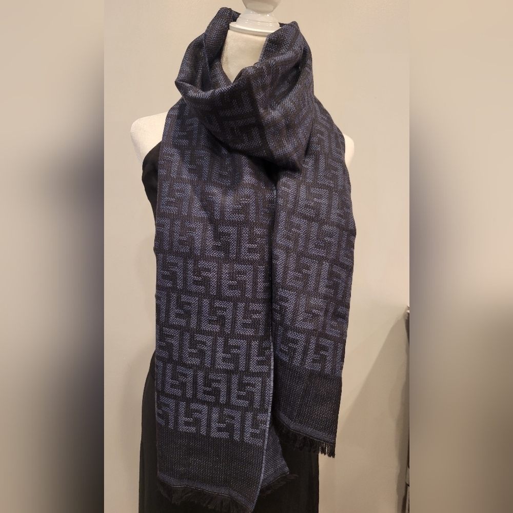 Fendi FF Monogram Blue Men’s 100% Wool Scarf Winter Accessories, Made in Italy.